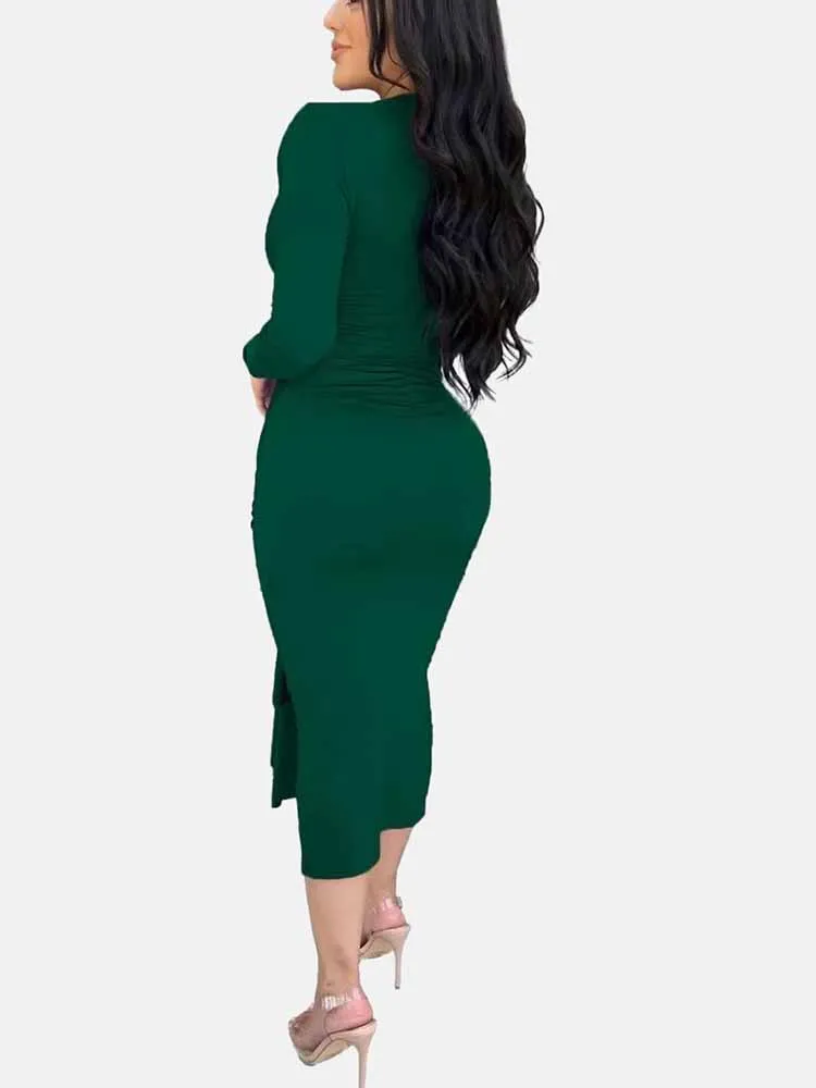 V Neck Tie Front Ruched Dress
