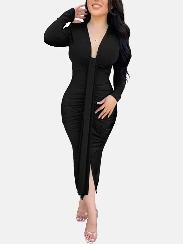V Neck Tie Front Ruched Dress