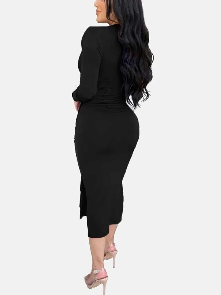 V Neck Tie Front Ruched Dress