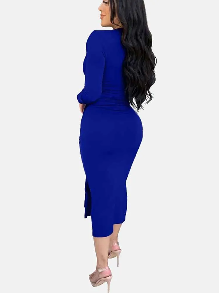 V Neck Tie Front Ruched Dress