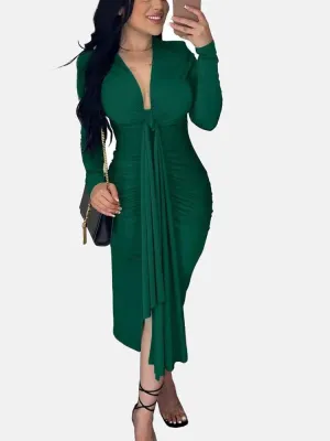 V Neck Tie Front Ruched Dress