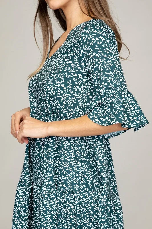 V Neck Tiered Dress-Leaf or Leopard