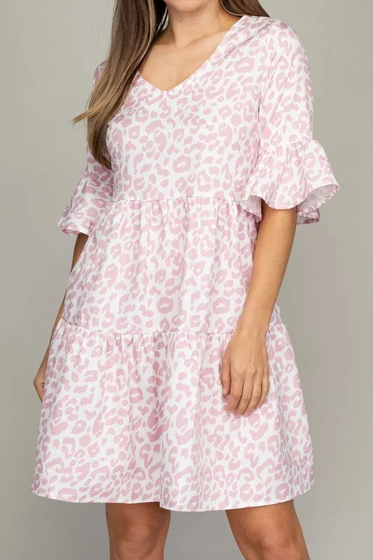 V Neck Tiered Dress-Leaf or Leopard