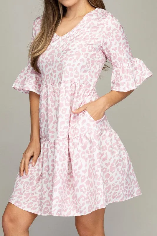 V Neck Tiered Dress-Leaf or Leopard