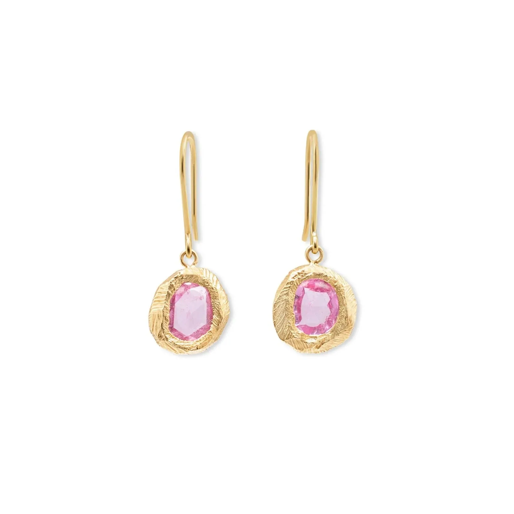 Vivid Pink Sapphires Freeform Gold Drop Earring