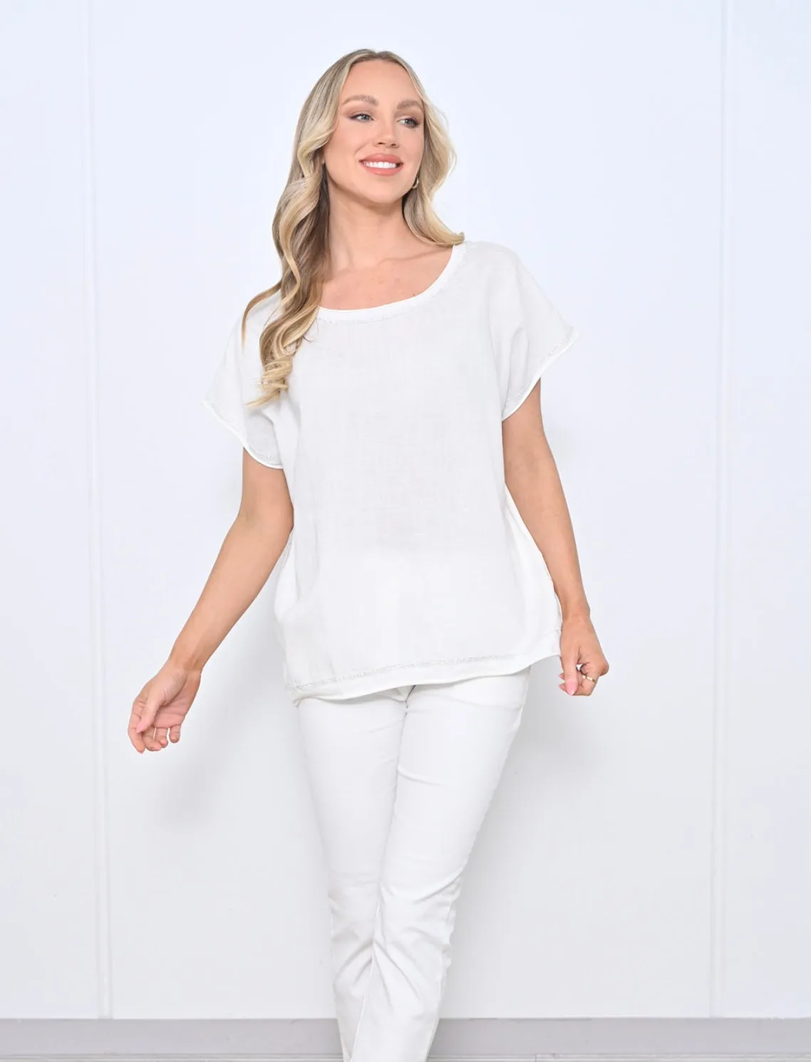 White Silver Stitched Top