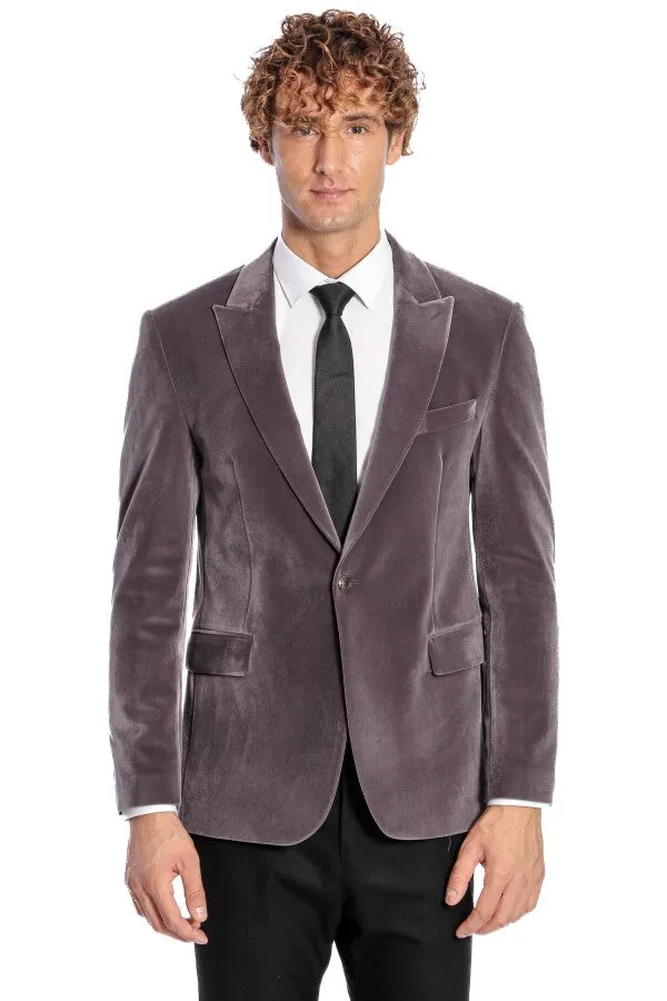 Wide Peak Lapel Single Button Velvet Grey Men Blazer - Wessi