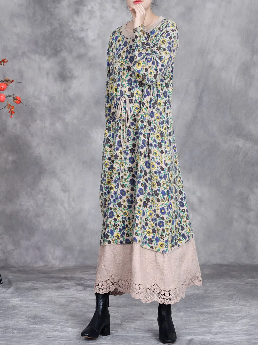 Women Autumn Artsy Floral Strap Knit O-Neck Dress