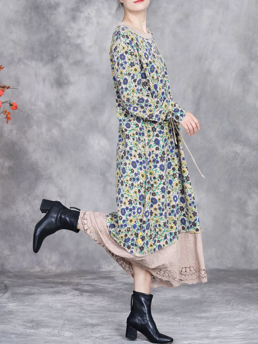 Women Autumn Artsy Floral Strap Knit O-Neck Dress