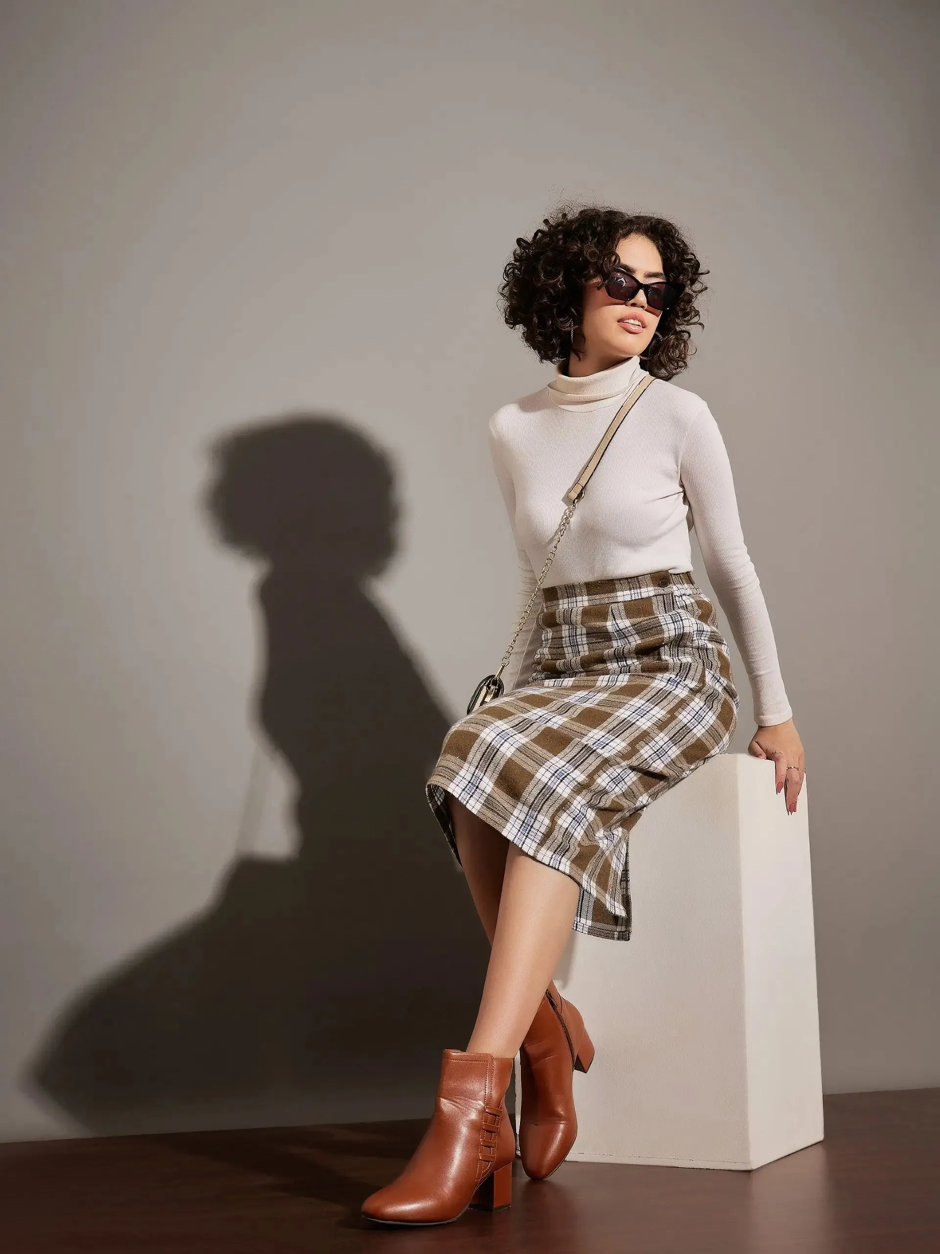 Women Brown Yarndyed Check Pencil Skirt