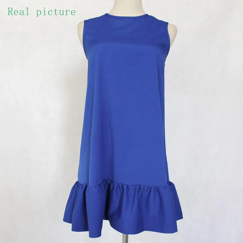 Women Dresses Autumn Summer Sleeveless Round Neck Casual Plus Size Beach Ruffle Dresses