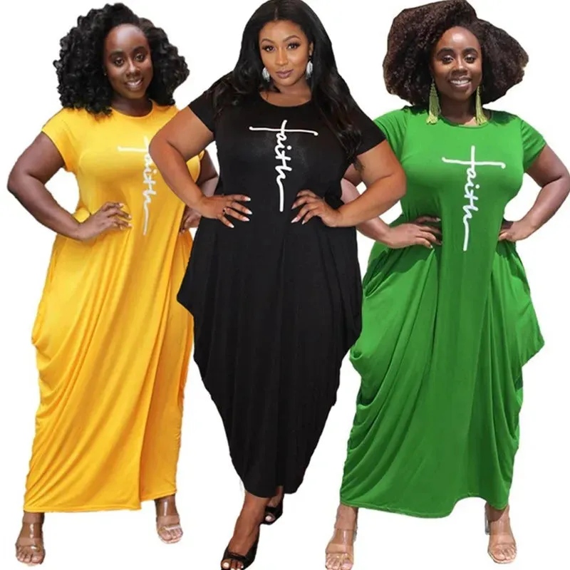 Women Dresses Summer 2021 Plus Size 5xl Wholesale Solid Casual Pockets Bodycon Super Stretchy Streetwear Maxi Dress Dropshipping