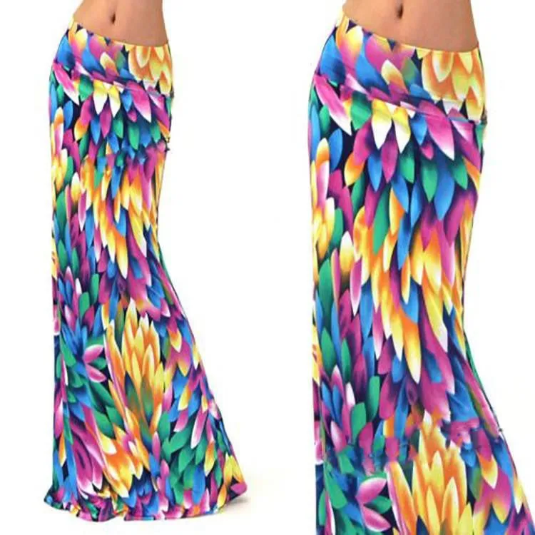 Women Long Flower Skirt Faldas Largas Knit Pencil Skirts Womens Jupe Longue Bohemian Long Skirt
