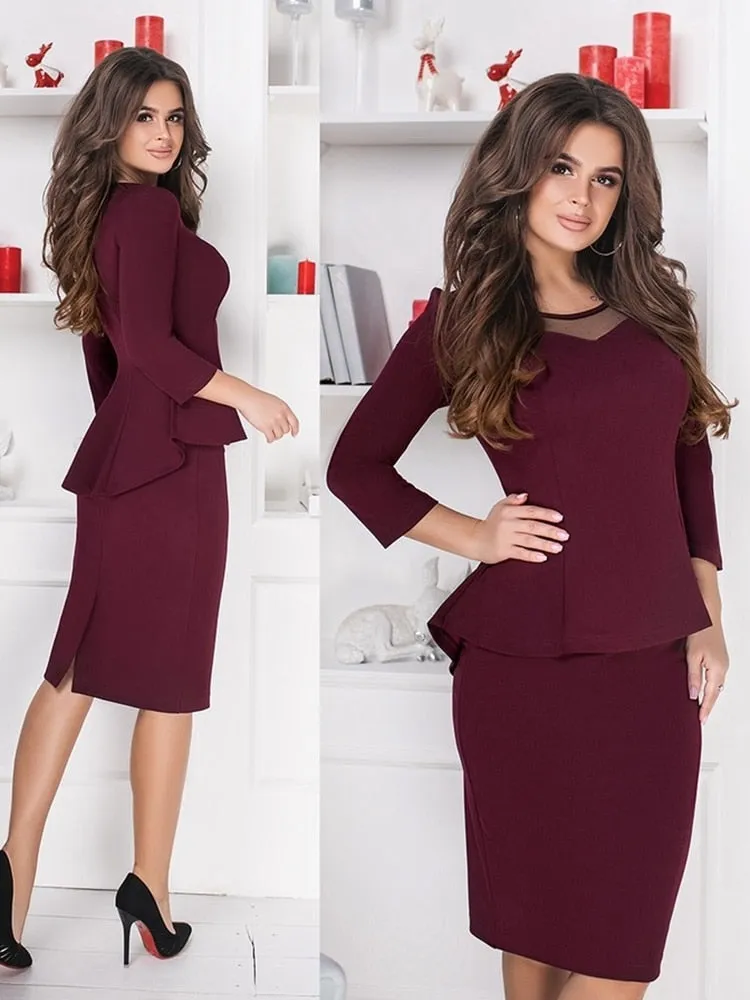 Women Sets 2019 New Arrival Sexy Sheath O-Neck Mesh Patchwork Above Knee Mini Dress 3/4 Sleeve Casual Coat Two Pieces