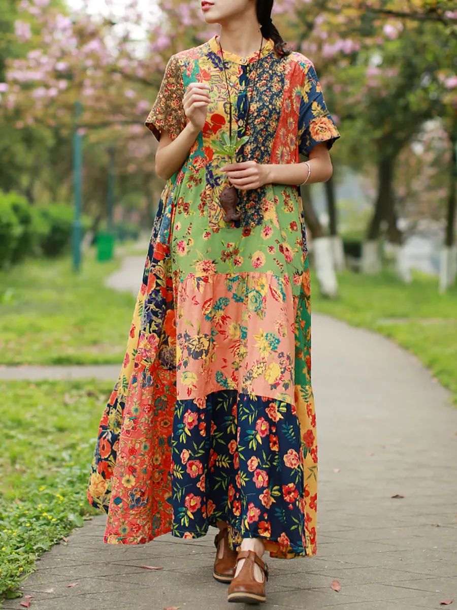 Women Summer Bohemia Flower Patch 100%Cotton Maxi Dress