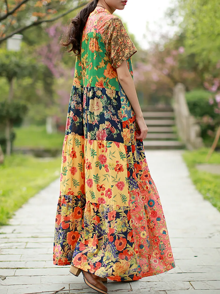 Women Summer Bohemia Flower Patch 100%Cotton Maxi Dress