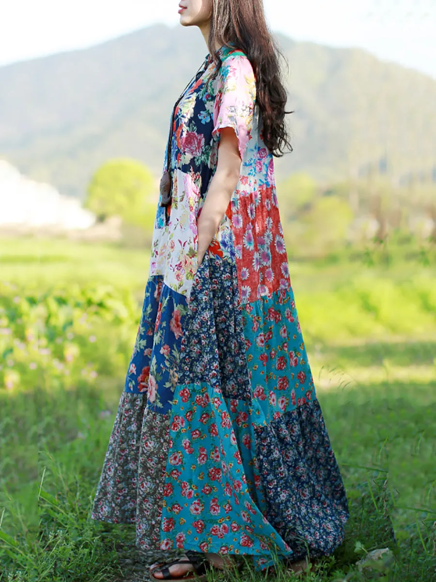 Women Summer Bohemia Flower Patch 100%Cotton Maxi Dress