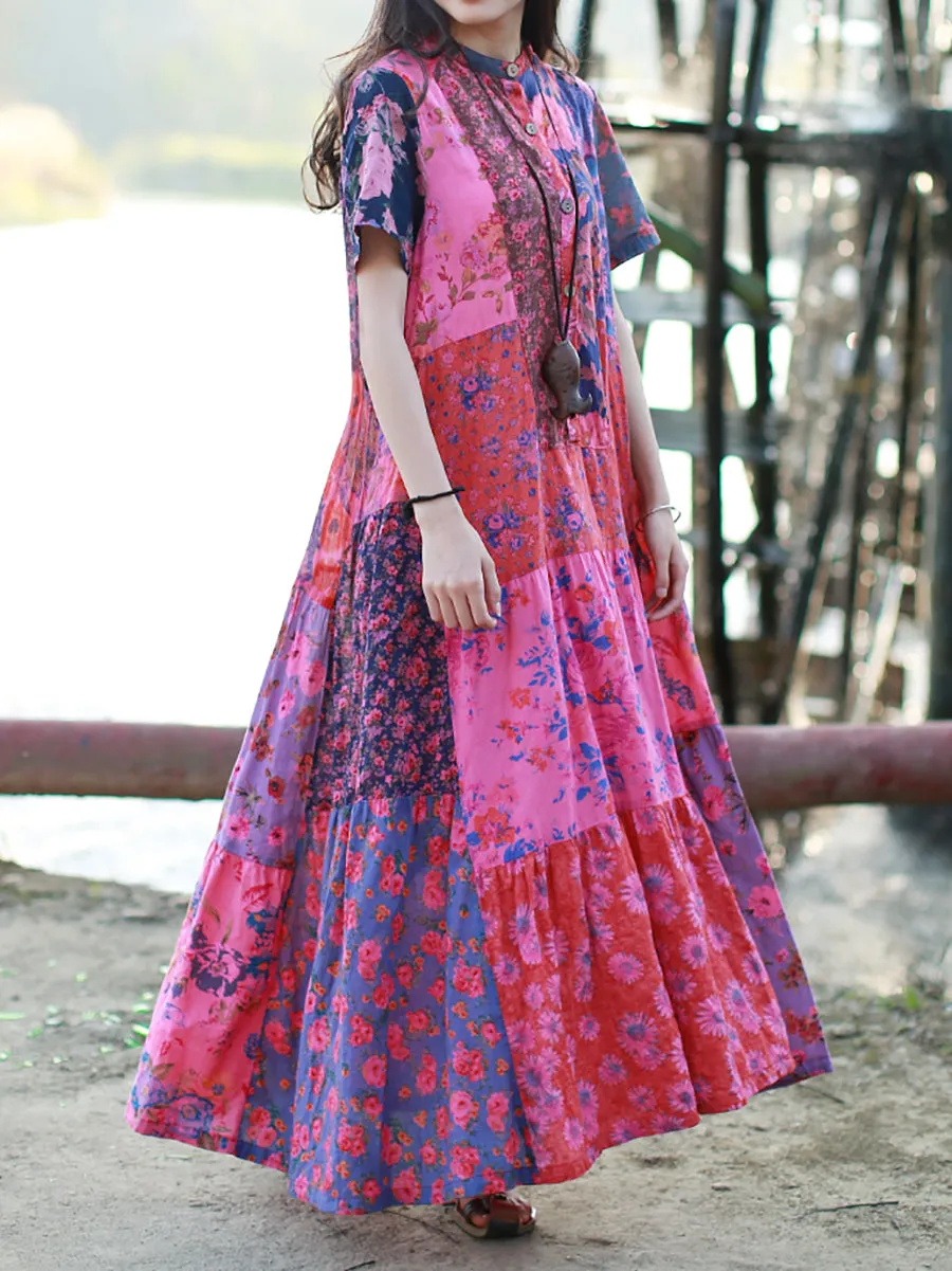 Women Summer Bohemia Flower Patch 100%Cotton Maxi Dress