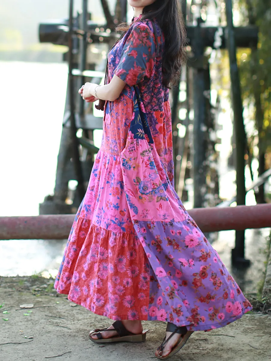 Women Summer Bohemia Flower Patch 100%Cotton Maxi Dress
