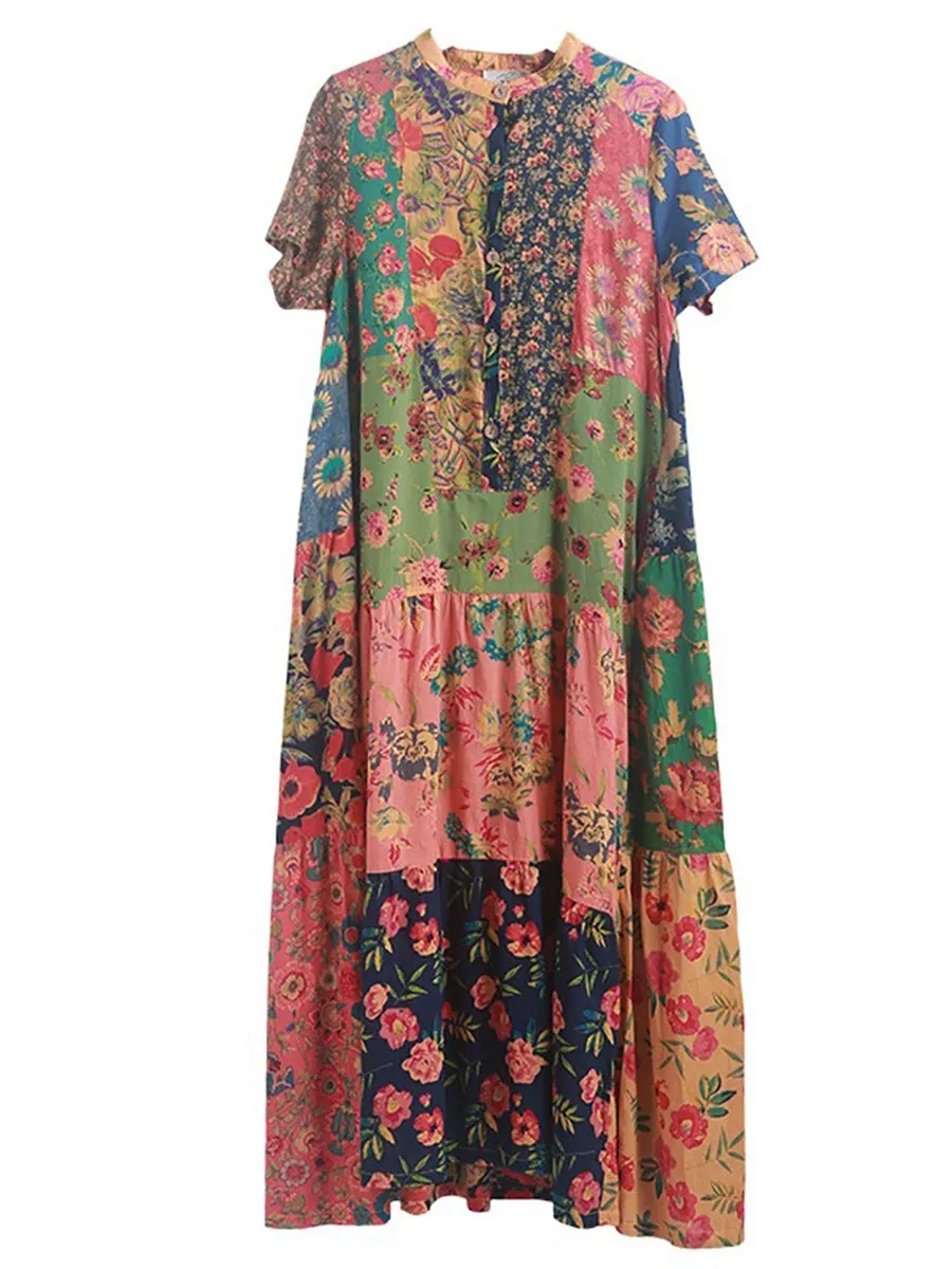 Women Summer Bohemia Flower Patch 100%Cotton Maxi Dress