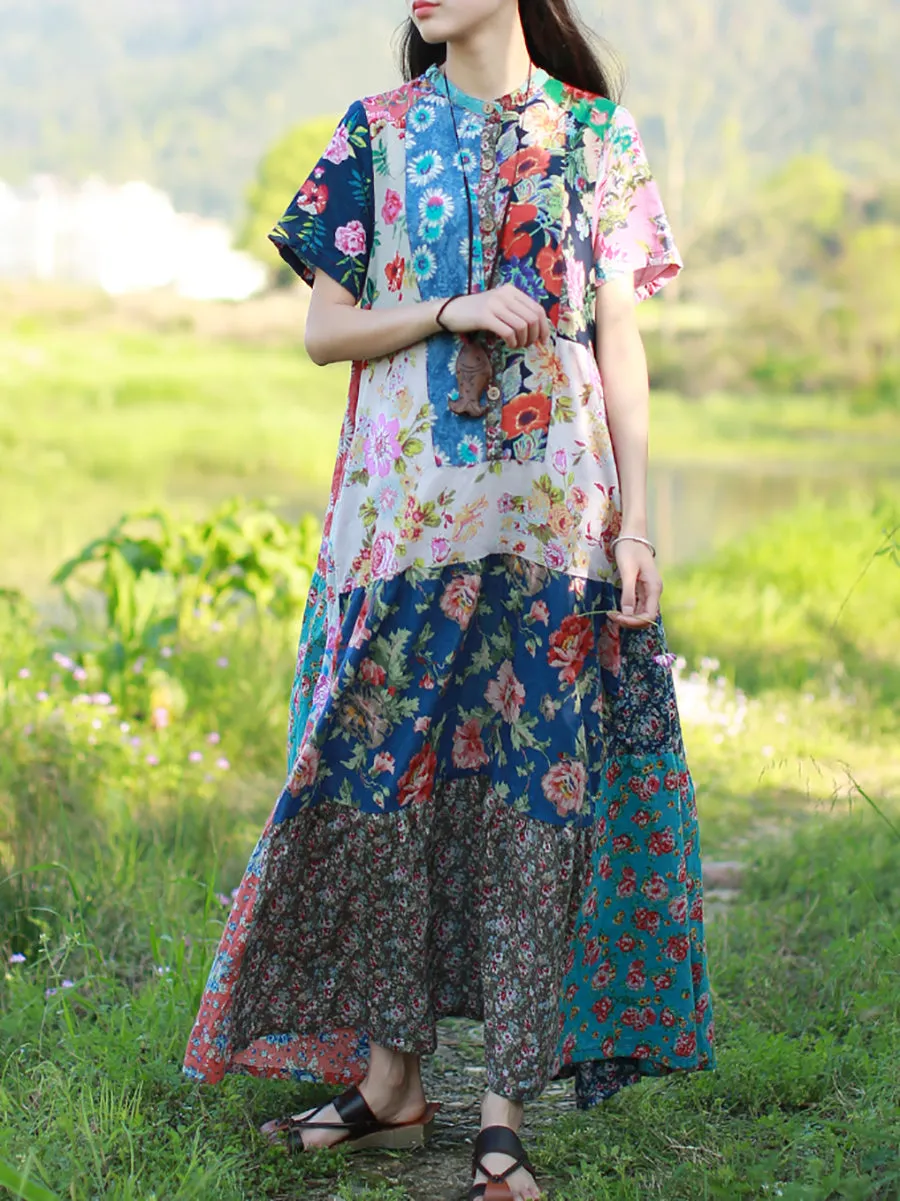 Women Summer Bohemia Flower Patch 100%Cotton Maxi Dress