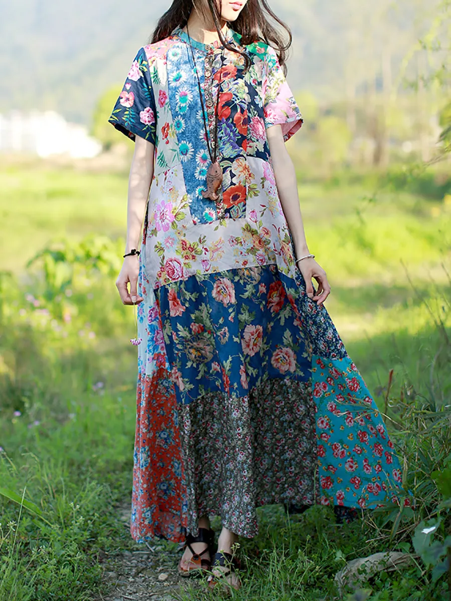 Women Summer Bohemia Flower Patch 100%Cotton Maxi Dress