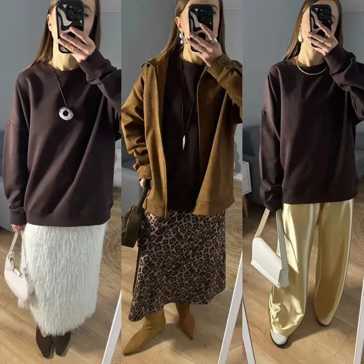 Women Sweatshirts No Hood Oversized Cotton Long Sleeve Tops Basic Solid O Neck Sweatshirts For Women Oversized Pullovers Spring