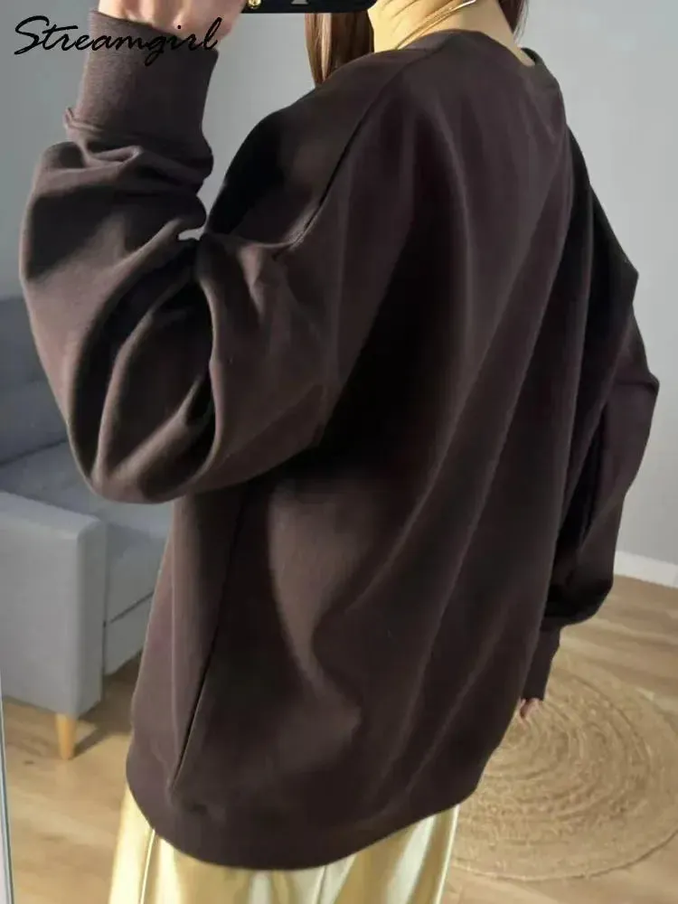 Women Sweatshirts No Hood Oversized Cotton Long Sleeve Tops Basic Solid O Neck Sweatshirts For Women Oversized Pullovers Spring