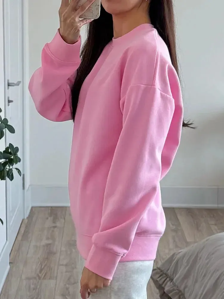 Women Sweatshirts No Hood Oversized Cotton Long Sleeve Tops Basic Solid O Neck Sweatshirts For Women Oversized Pullovers Spring