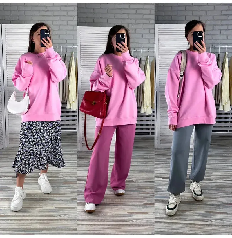 Women Sweatshirts No Hood Oversized Cotton Long Sleeve Tops Basic Solid O Neck Sweatshirts For Women Oversized Pullovers Spring