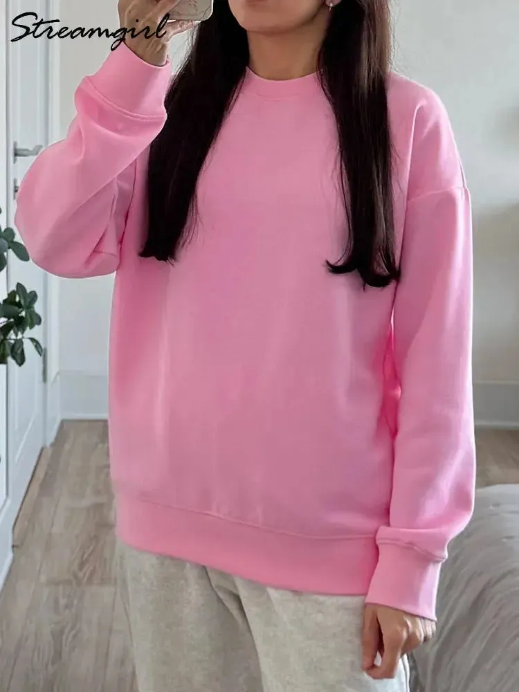 Women Sweatshirts No Hood Oversized Cotton Long Sleeve Tops Basic Solid O Neck Sweatshirts For Women Oversized Pullovers Spring
