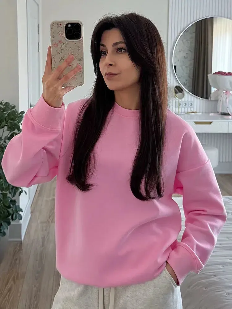 Women Sweatshirts No Hood Oversized Cotton Long Sleeve Tops Basic Solid O Neck Sweatshirts For Women Oversized Pullovers Spring