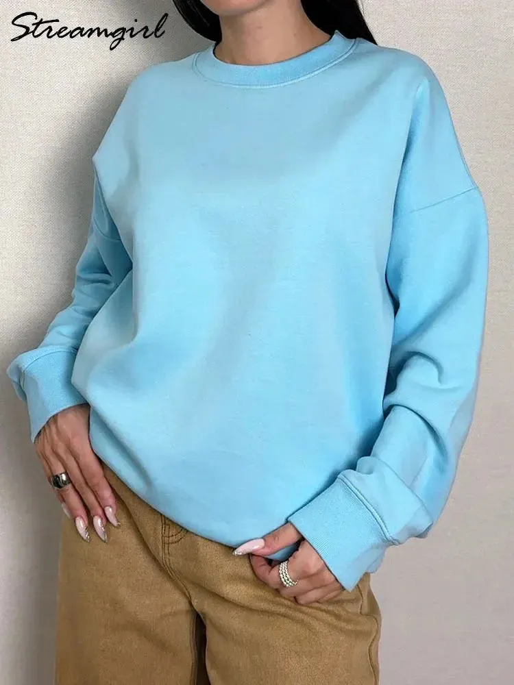 Women Sweatshirts No Hood Oversized Cotton Long Sleeve Tops Basic Solid O Neck Sweatshirts For Women Oversized Pullovers Spring