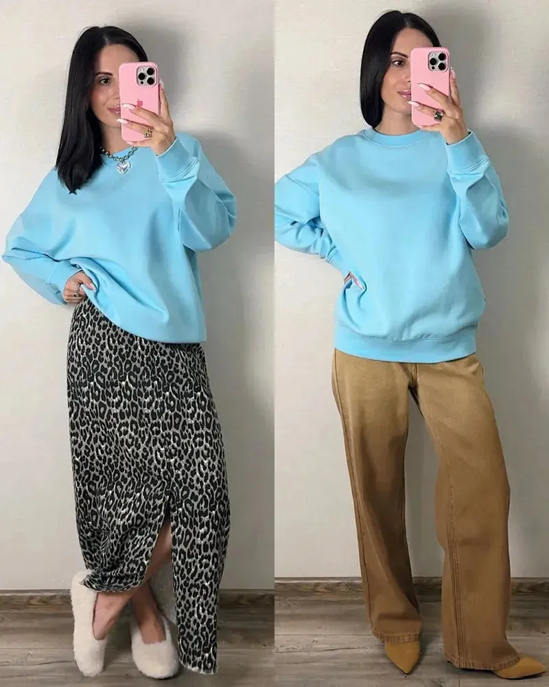 Women Sweatshirts No Hood Oversized Cotton Long Sleeve Tops Basic Solid O Neck Sweatshirts For Women Oversized Pullovers Spring