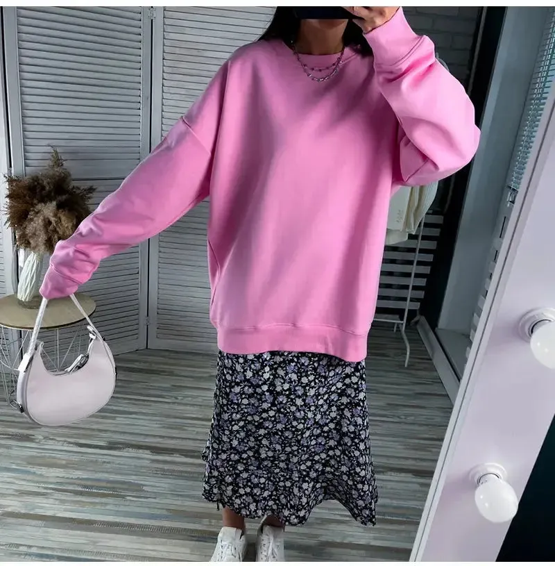 Women Sweatshirts No Hood Oversized Cotton Long Sleeve Tops Basic Solid O Neck Sweatshirts For Women Oversized Pullovers Spring