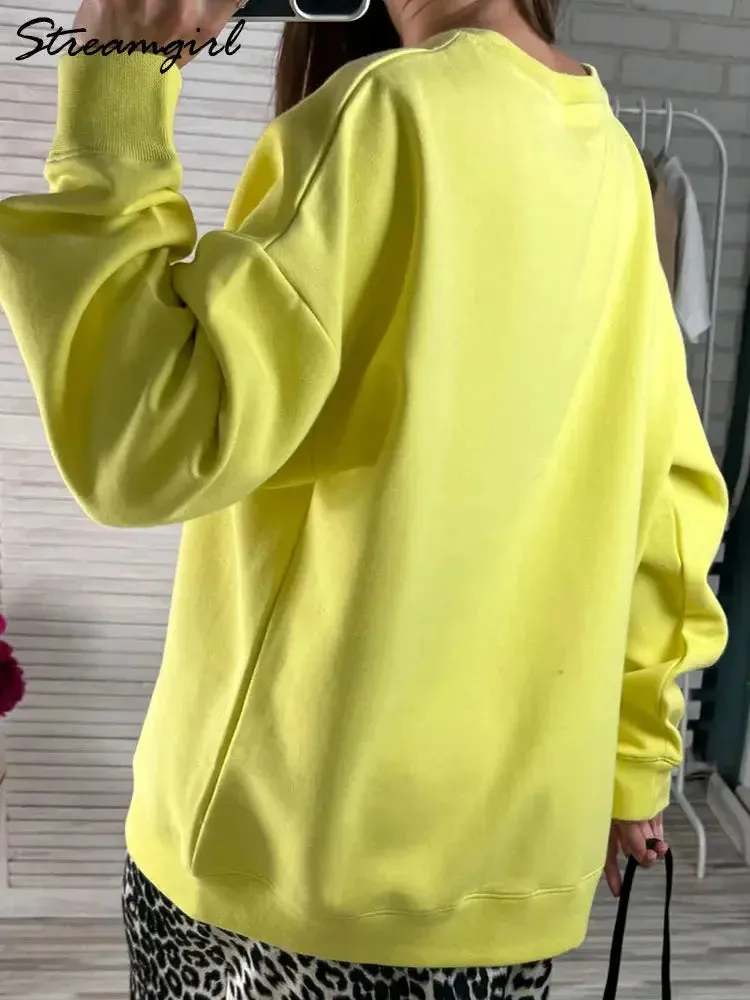 Women Sweatshirts No Hood Oversized Cotton Long Sleeve Tops Basic Solid O Neck Sweatshirts For Women Oversized Pullovers Spring