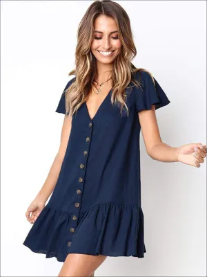 Women's Button Up V-Neck Ruffled Hem Casual Dress