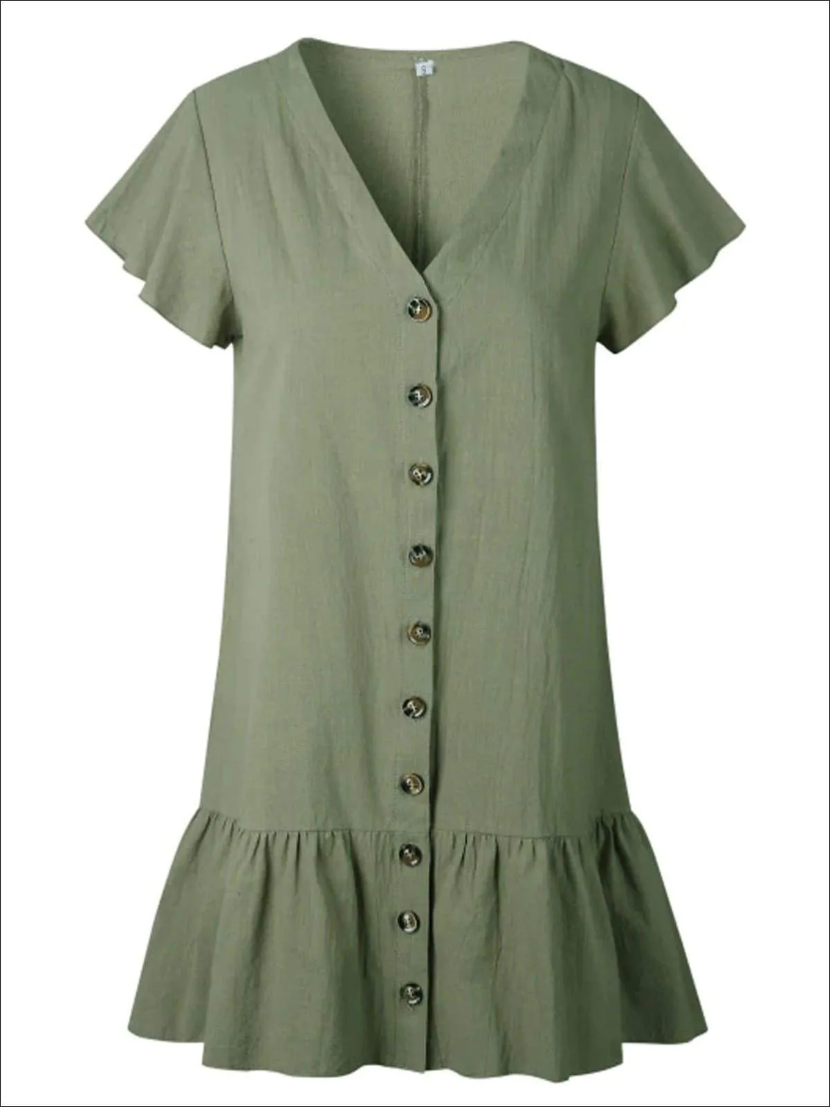 Women's Button Up V-Neck Ruffled Hem Casual Dress
