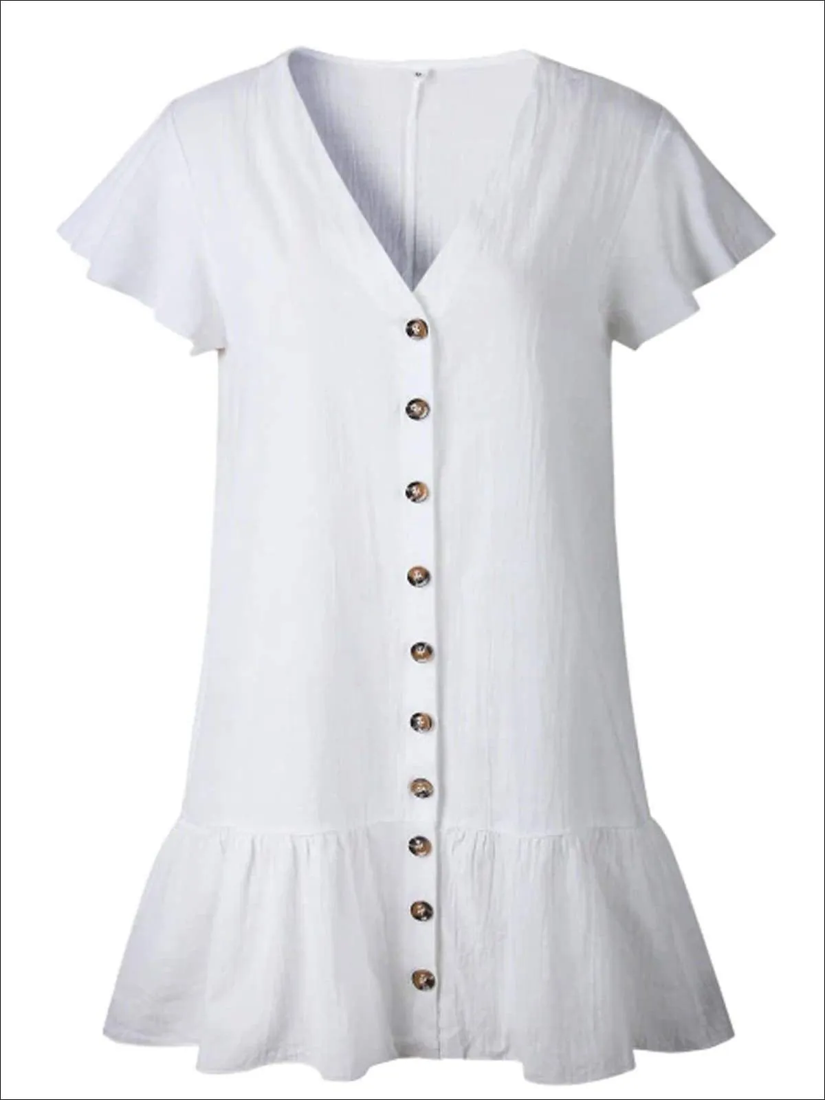 Women's Button Up V-Neck Ruffled Hem Casual Dress