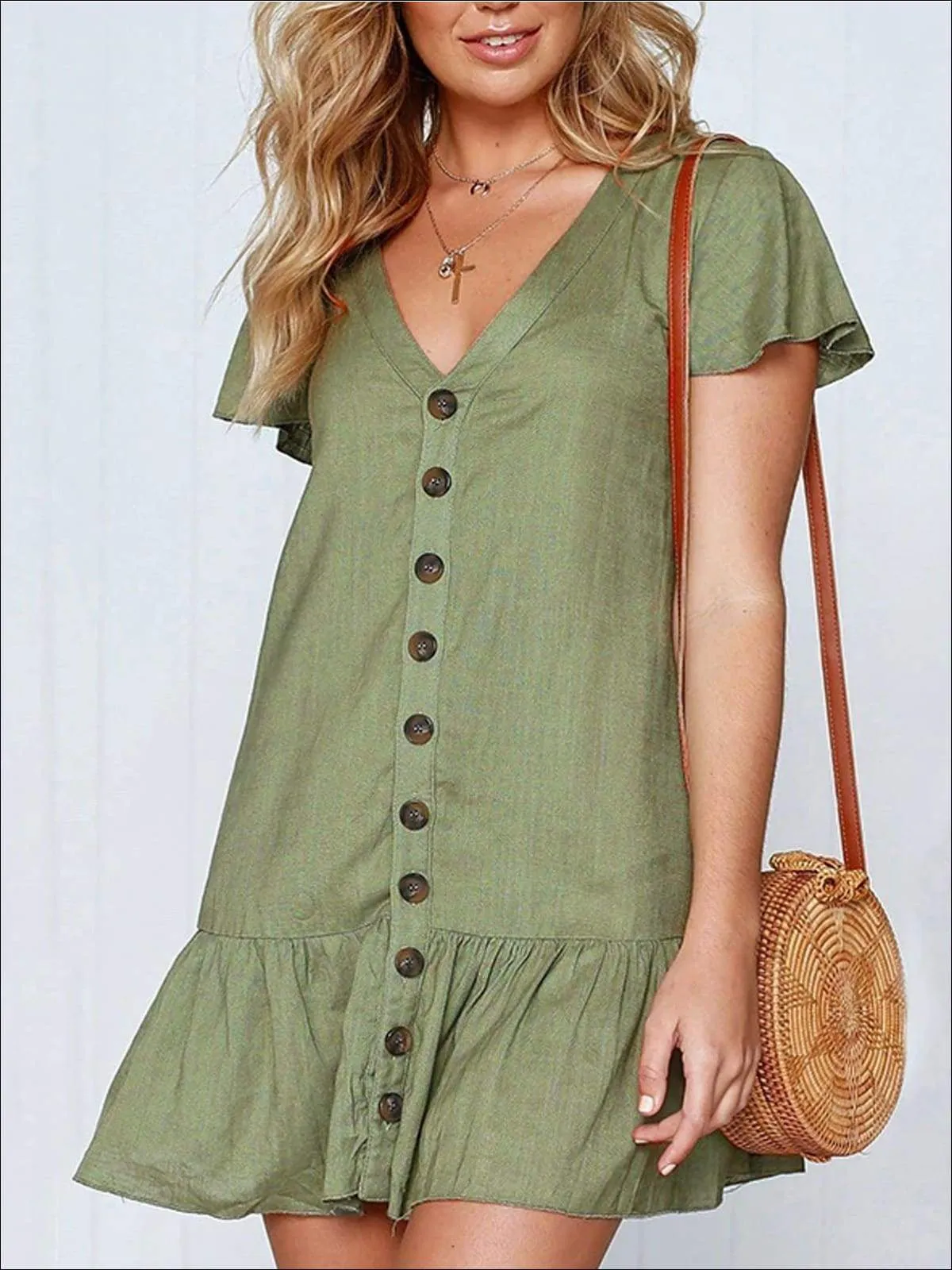 Women's Button Up V-Neck Ruffled Hem Casual Dress