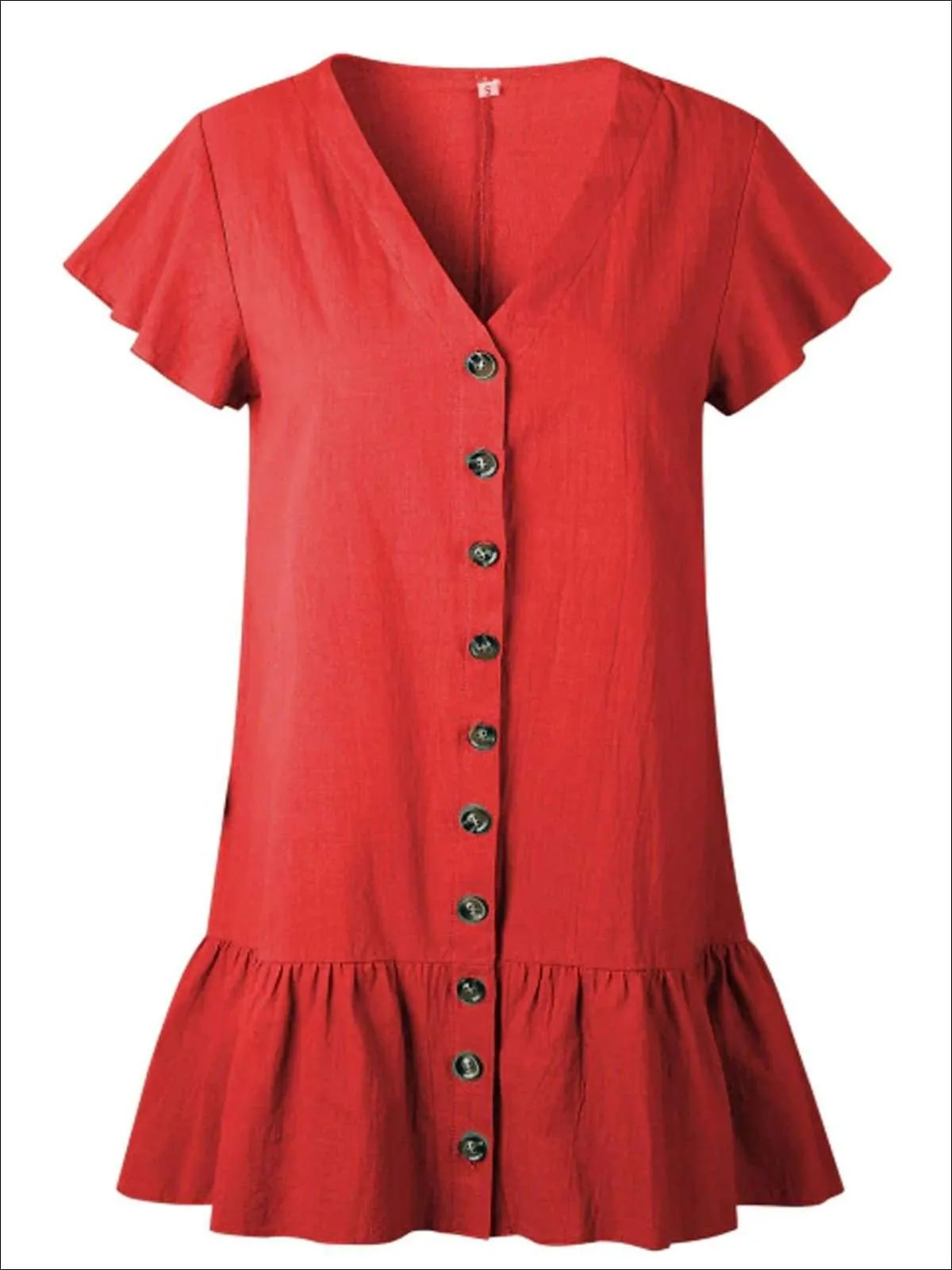 Women's Button Up V-Neck Ruffled Hem Casual Dress