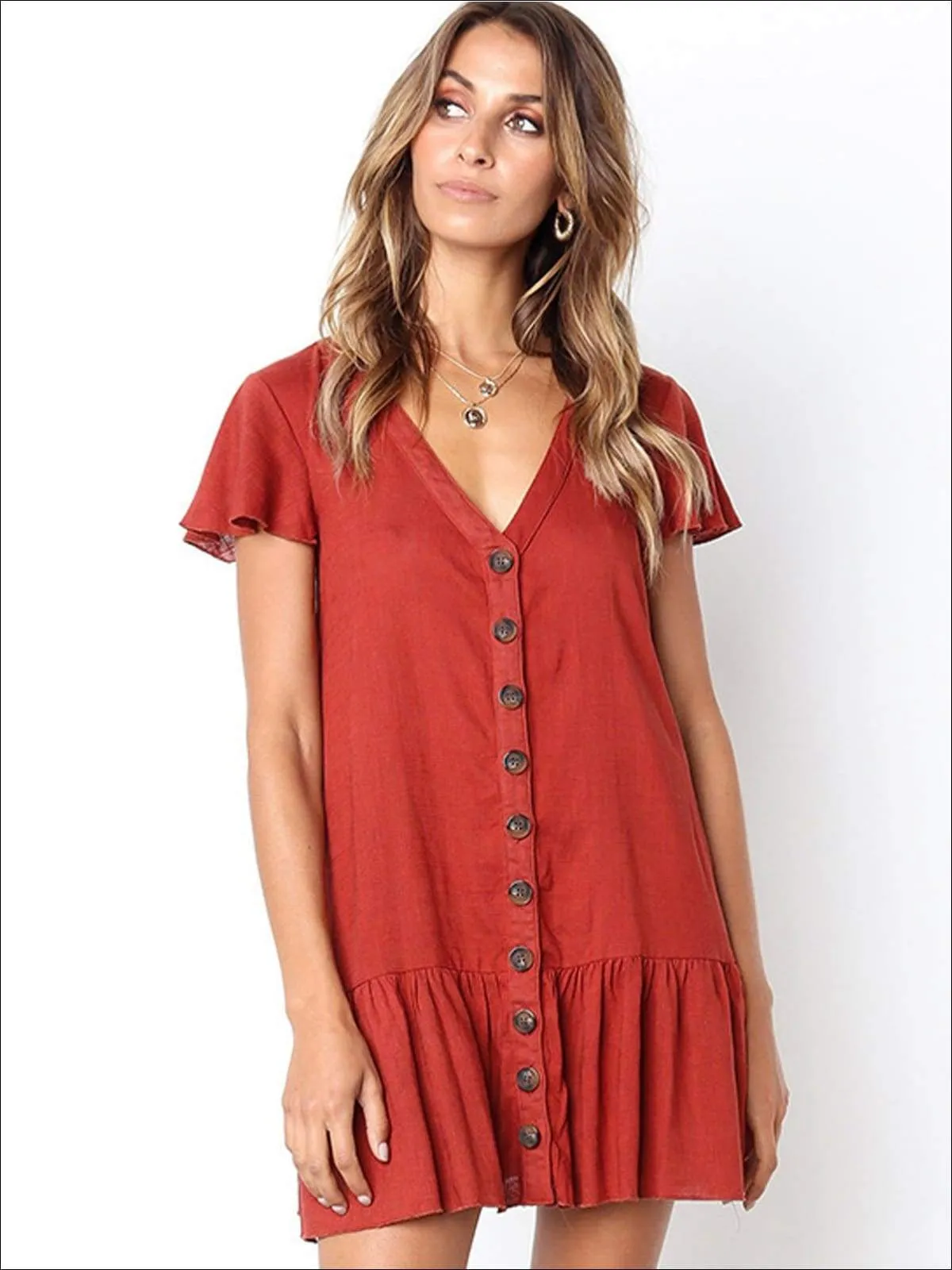 Women's Button Up V-Neck Ruffled Hem Casual Dress