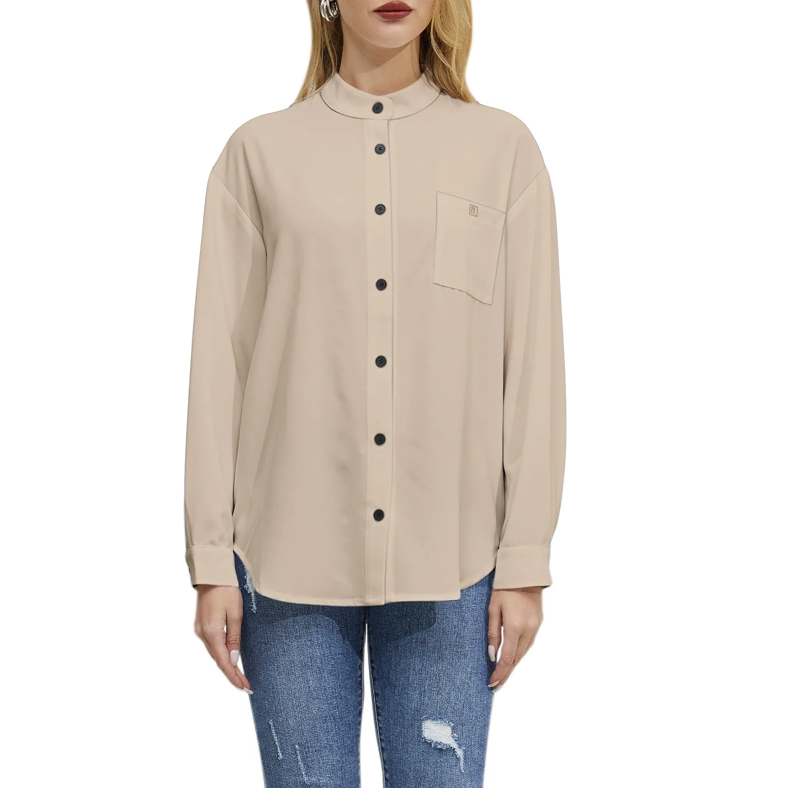 Women's Solid Beige Button-Up Shirt – Minimalist & Chic
