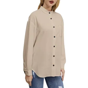 Women's Solid Beige Button-Up Shirt – Minimalist & Chic