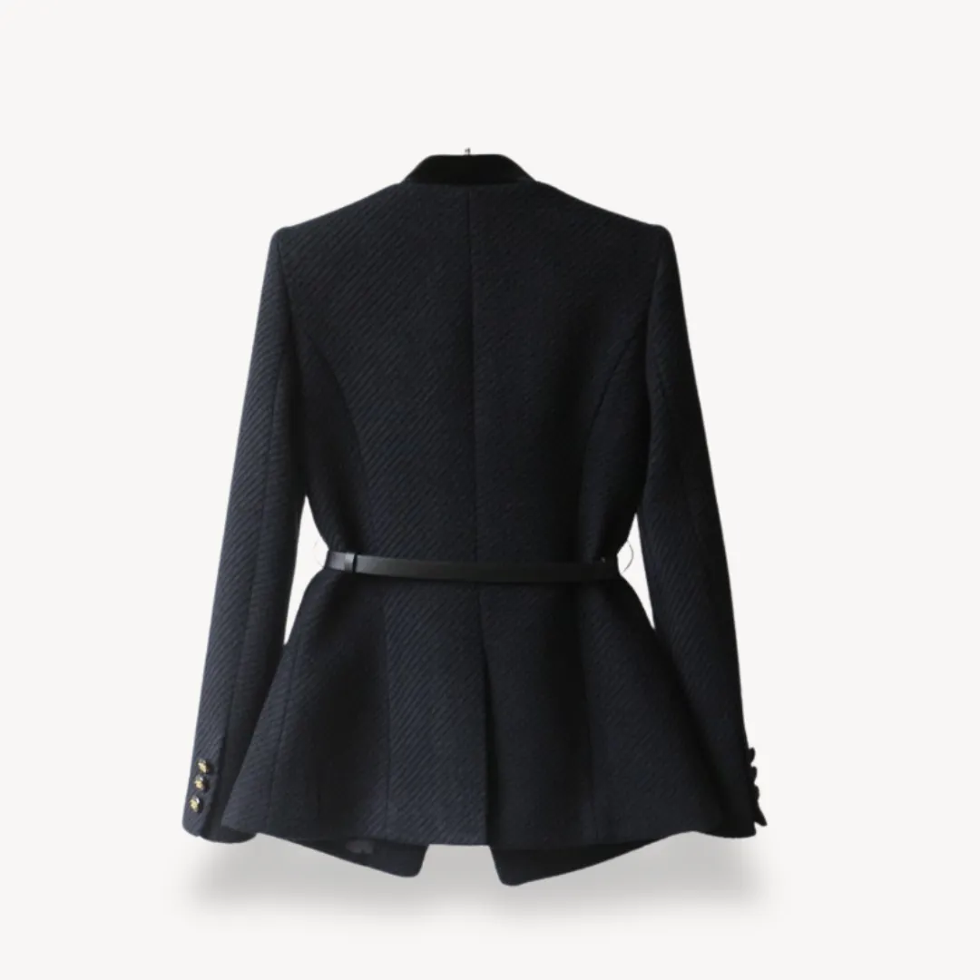 Women's Structured Blazer – Two-Tone Trim – Pocket Detail – Elegant Formalwear – Belted Design