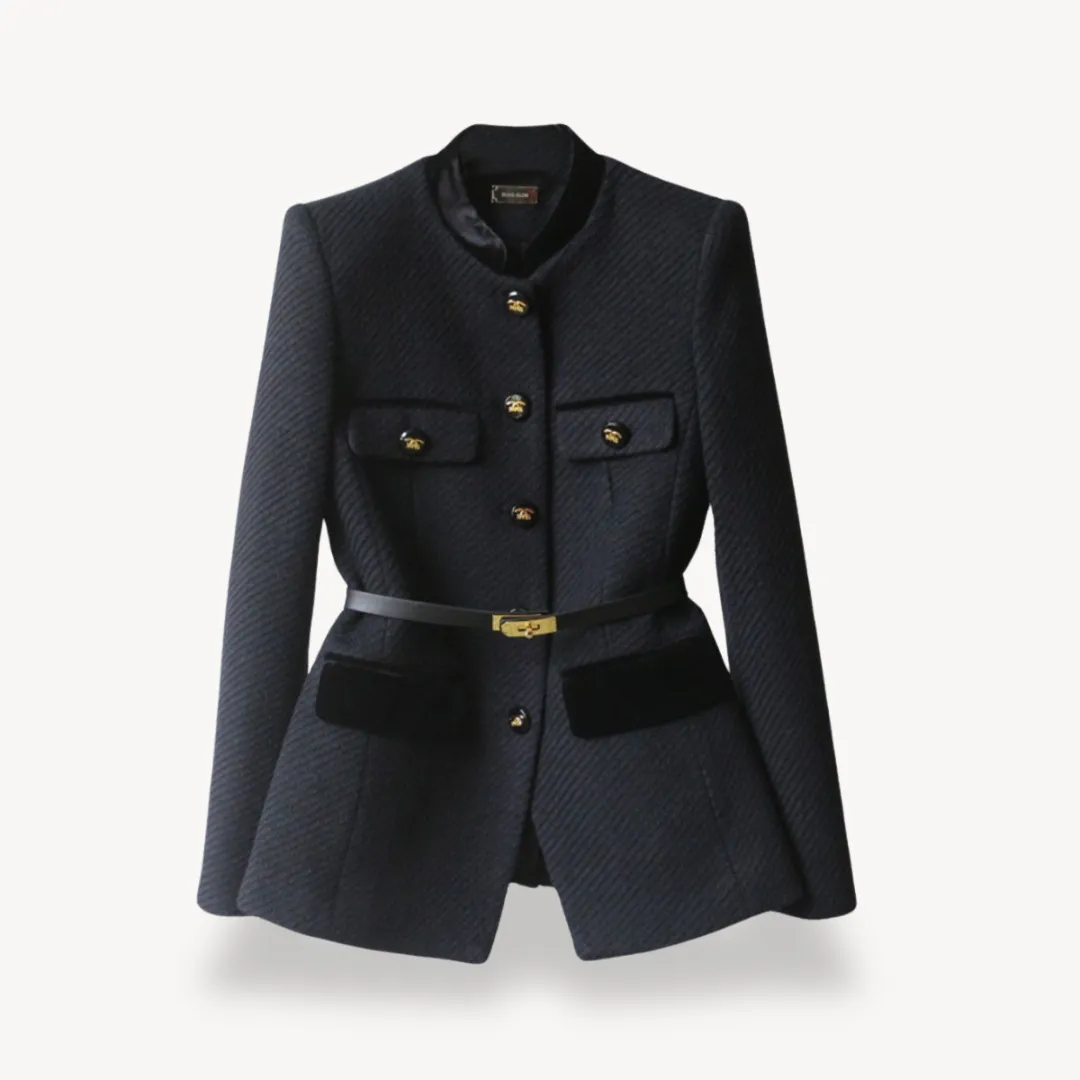 Women's Structured Blazer – Two-Tone Trim – Pocket Detail – Elegant Formalwear – Belted Design