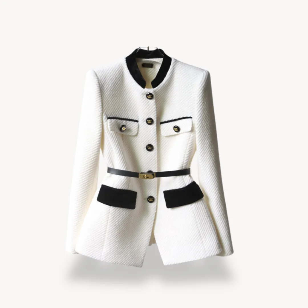 Women's Structured Blazer – Two-Tone Trim – Pocket Detail – Elegant Formalwear – Belted Design