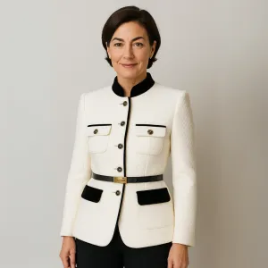 Women's Structured Blazer – Two-Tone Trim – Pocket Detail – Elegant Formalwear – Belted Design