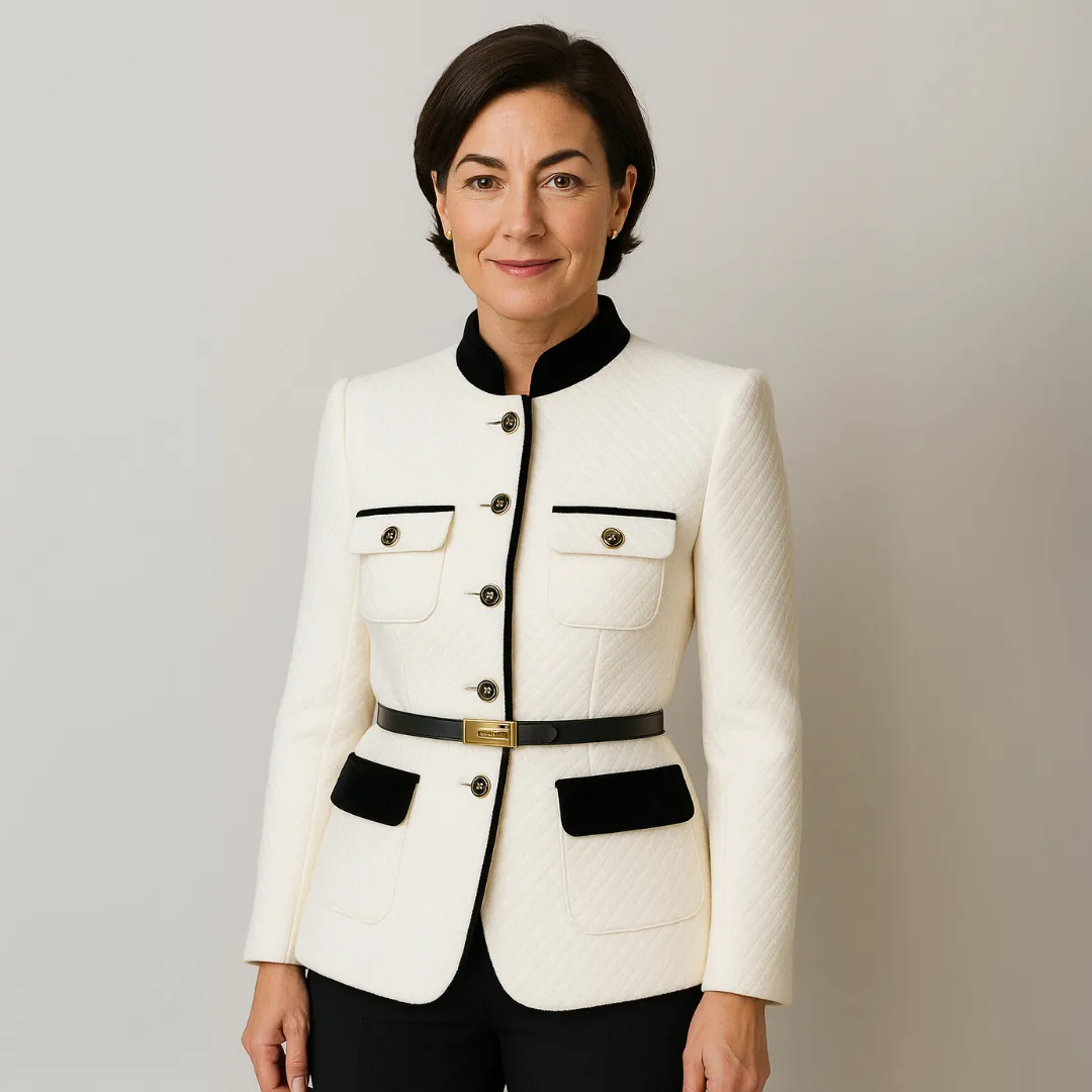 Women's Structured Blazer – Two-Tone Trim – Pocket Detail – Elegant Formalwear – Belted Design