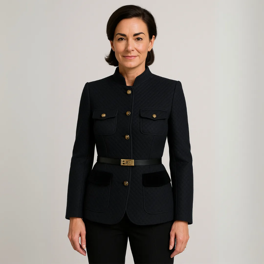 Women's Structured Blazer – Two-Tone Trim – Pocket Detail – Elegant Formalwear – Belted Design